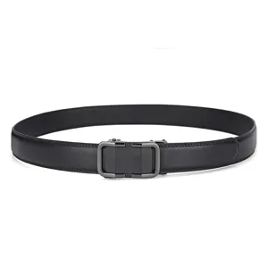 Close-up of a men's black leather belt with a sleek gunmetal automatic buckle.