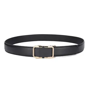 Detailed view of premium black leather belt with elegant gold automatic buckle for men