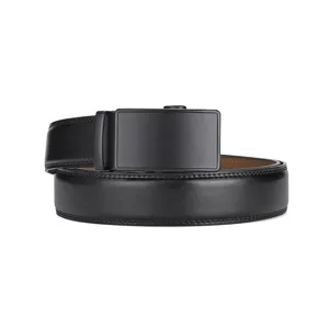 Premium black cowhide leather belt for men with a sleek matte black automatic buckle