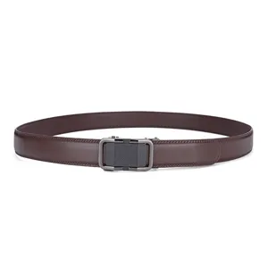 Premium men's brown leather belt with automatic grey matte buckle for business