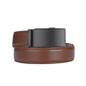 Classic brown cowhide leather belt with a sleek matte black automatic buckle for men