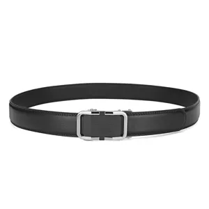 Detailed view of black genuine leather men's belt with silver automatic buckle