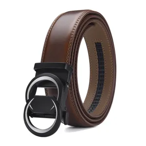 Detailed view of premium brown leather belt featuring a black automatic double-ring buckle