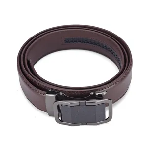 Close-up of a men's brown leather belt with a sleek dark grey automatic buckle.