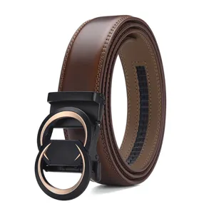 Close-up view showing the textured brown leather and black gold automatic buckle design