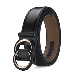 Men's leather belt with automatic double ring buckle showing inner ratchet details