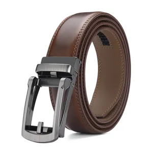 Classic men's brown cowhide leather belt featuring a gunmetal grey automatic buckle