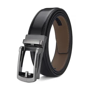 Detail of men's black leather belt with gunmetal automatic sliding buckle.