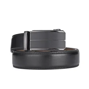 Detailed view of high-quality black leather belt with textured automatic buckle