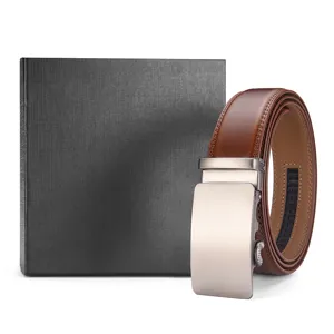 Brown men's leather belt with automatic buckle and black gift box packaging