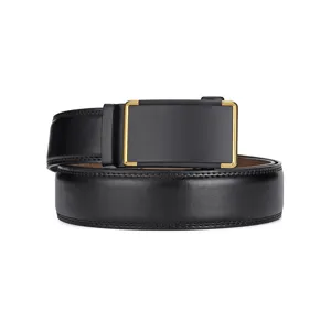 Close-up detail of a premium black cowhide leather belt featuring a gold-rimmed automatic buckle