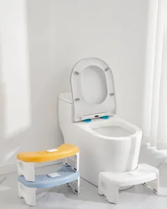 Ergonomic non-slip plastic toilet step stools shown in white, blue, and yellow colors