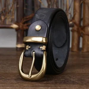 Retro distressed black leather belt with 3.3cm width and vintage brass pin buckle