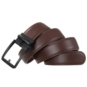 Close-up of the textured brown leather belt with a sleek black automatic buckle