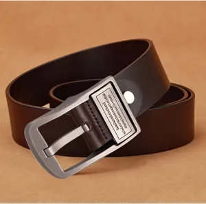 Detailed view of a men's dark brown leather belt with a brushed metal pin buckle.