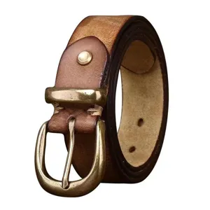 Vintage distressed brown leather belt with brass pin buckle, 3.3cm wide unisex waist strap.