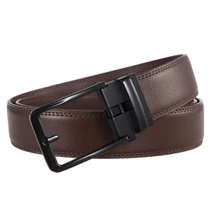 Macro view of a brown leather belt featuring a matte black automatic buckle