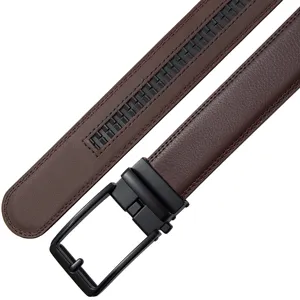 Detailed view of high-quality brown leather ratchet belt with matte black automatic buckle