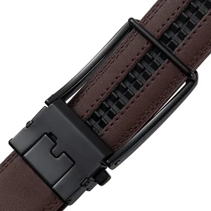 Detailed macro shot of a brown split cowhide belt with a black automatic buckle.