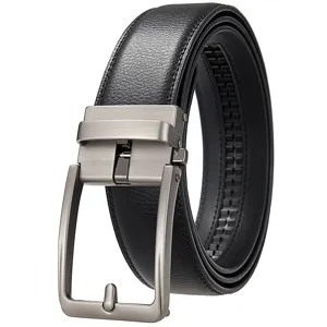 Macro detail of men's black leather ratchet belt with brushed alloy automatic buckle.