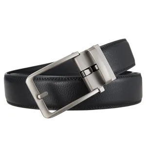 Detailed shot of men's black leather belt featuring a brushed metal automatic pin buckle