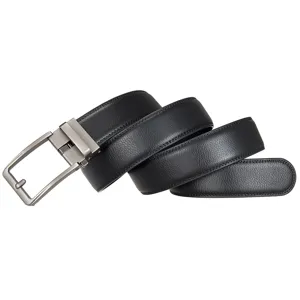 Close-up of men's black split leather belt featuring a sleek automatic metal buckle detail