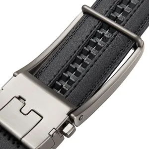 Detailed macro view of a men's black leather belt with automatic ratchet buckle