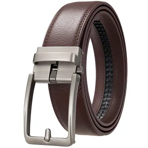 Detailed macro shot of a brown men's leather belt featuring a brushed metal automatic buckle.