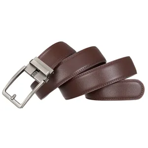 High-quality detail of men's brown split leather belt with metal automatic buckle