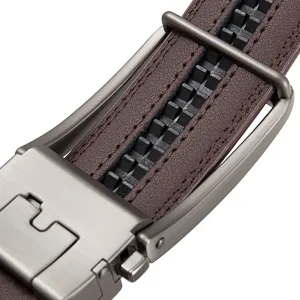 Close-up macro detail of men's leather belt with automatic ratchet buckle mechanism