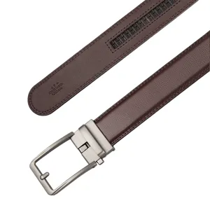 Macro detail of men's brown leather automatic belt buckle with 1200mm size marking