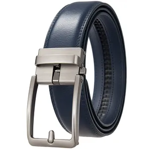 Premium navy blue men's split leather belt with a gunmetal automatic ratchet buckle