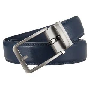 Detailed view of dark blue leather men's belt featuring a sleek brushed metal buckle