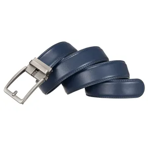 Macro view of navy blue genuine leather belt featuring a sleek matte automatic buckle