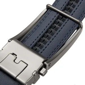 High-quality close-up of men's automatic belt buckle with blue leather strap texture
