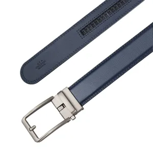 Detail view of a navy blue leather belt with a matte silver automatic metal buckle.