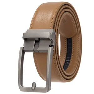Close-up of men's tan split leather belt with a matte gunmetal automatic buckle.
