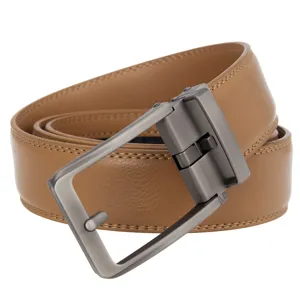 Close-up of a men's brown split leather belt featuring a durable matte grey metal buckle