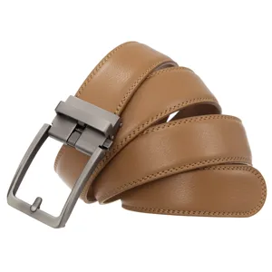 Detail view of brown genuine leather belt with metallic grey automatic buckle.