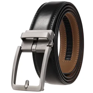 High-quality men's black leather belt featuring a brushed silver automatic buckle design