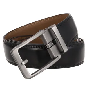 Close-up of men's leather belt with brushed metal automatic buckle