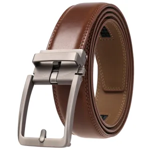 Close-up detail of men's brown leather belt with matte silver automatic ratchet buckle
