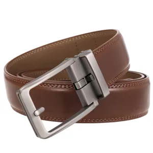 Detailed view of a premium brown leather belt with a brushed silver metal buckle
