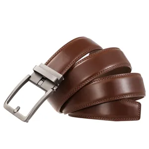 Close-up detail showing the smooth brown leather texture and silver automatic buckle for men