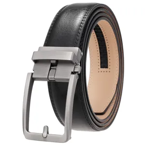 Close-up of men's black split leather belt with a brushed metal automatic buckle