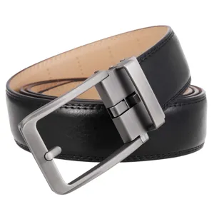 Close-up of men's black leather belt with brushed metal pin buckle