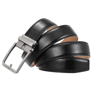 Detailed view of the black leather grain and brushed metal automatic buckle belt.