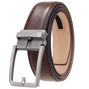 Close-up of men's brown leather belt featuring an automatic buckle and textured grain