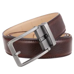 Close-up of men's brown split leather belt with metallic automatic buckle
