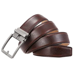 Detailed view of the dark brown leather texture and brushed metal automatic buckle.